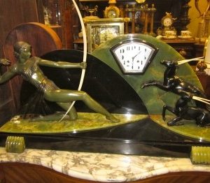 Magnificient Green Marble Art Deco Clock/Ivory